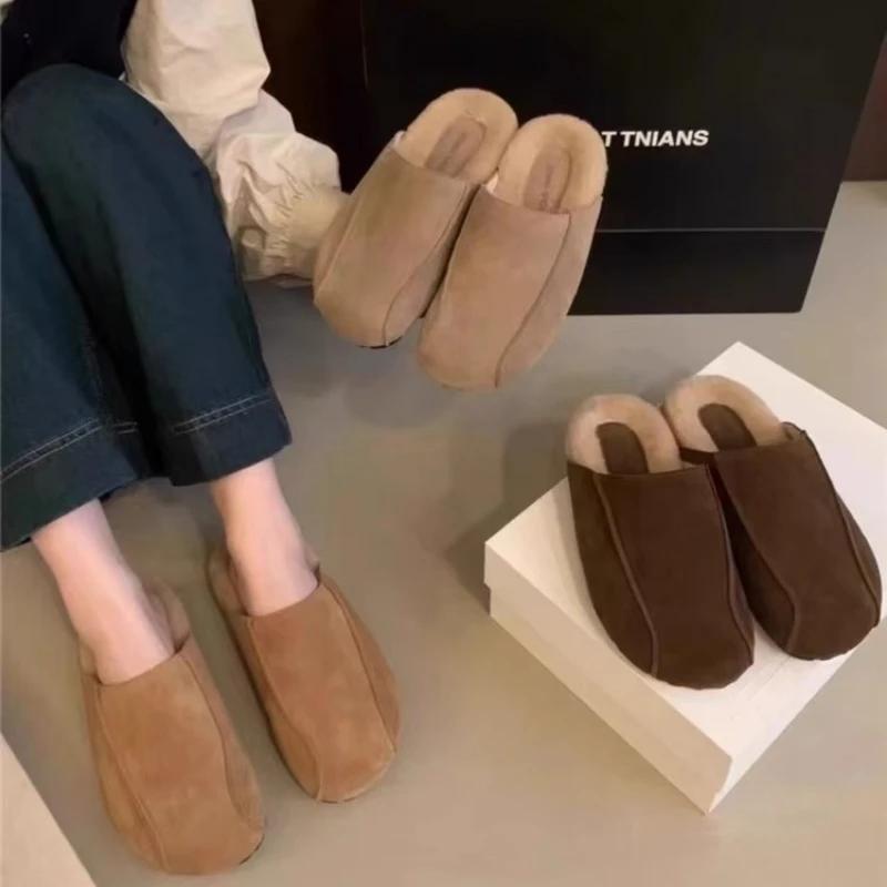 2025 Autumn/Winter New Style One Step Flat Bottom Versatile Casual Retro Baotou Half Slippers Women's Hairy Slippers