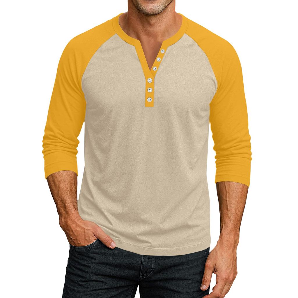 Men's Button-Down Contrast Raglan 3/4 Sleeve Top