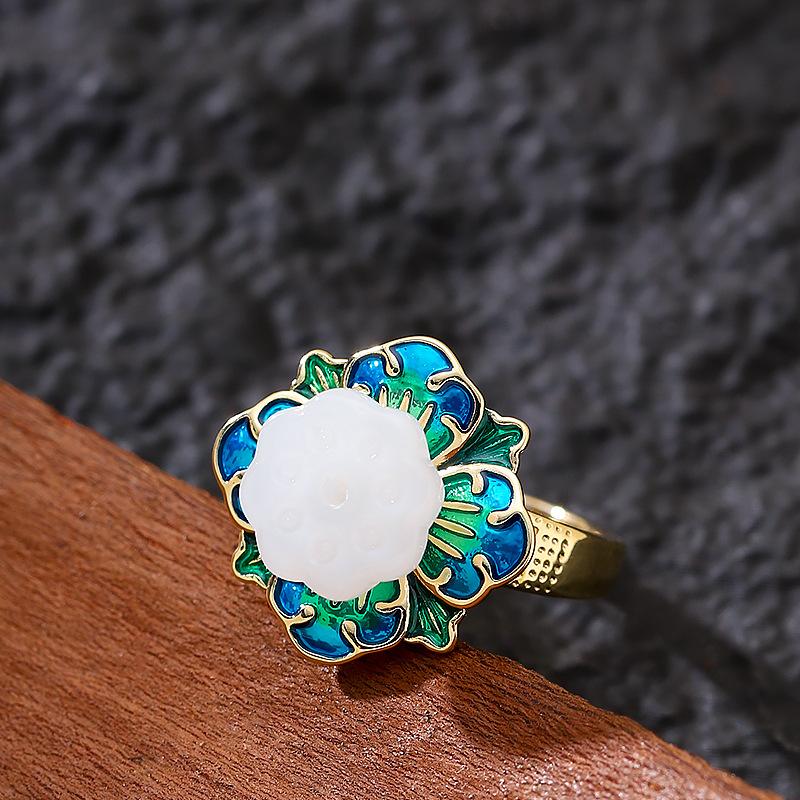 Guochao retro personalized court style enamel drop glaze three-dimensional lotus pod adjustable opening ring exquisite fashionable jewelry Adjustable opening золотой