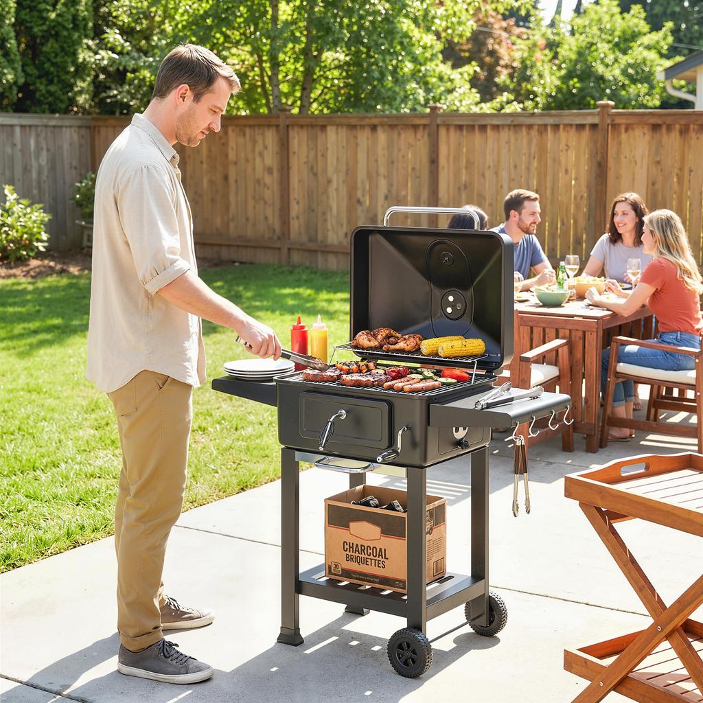 Holzkohlegrill BBQ Smoker mit Deckelthermometer Höhenverstellbare Kohleschale Grillrost Seitentisch Ascheschale