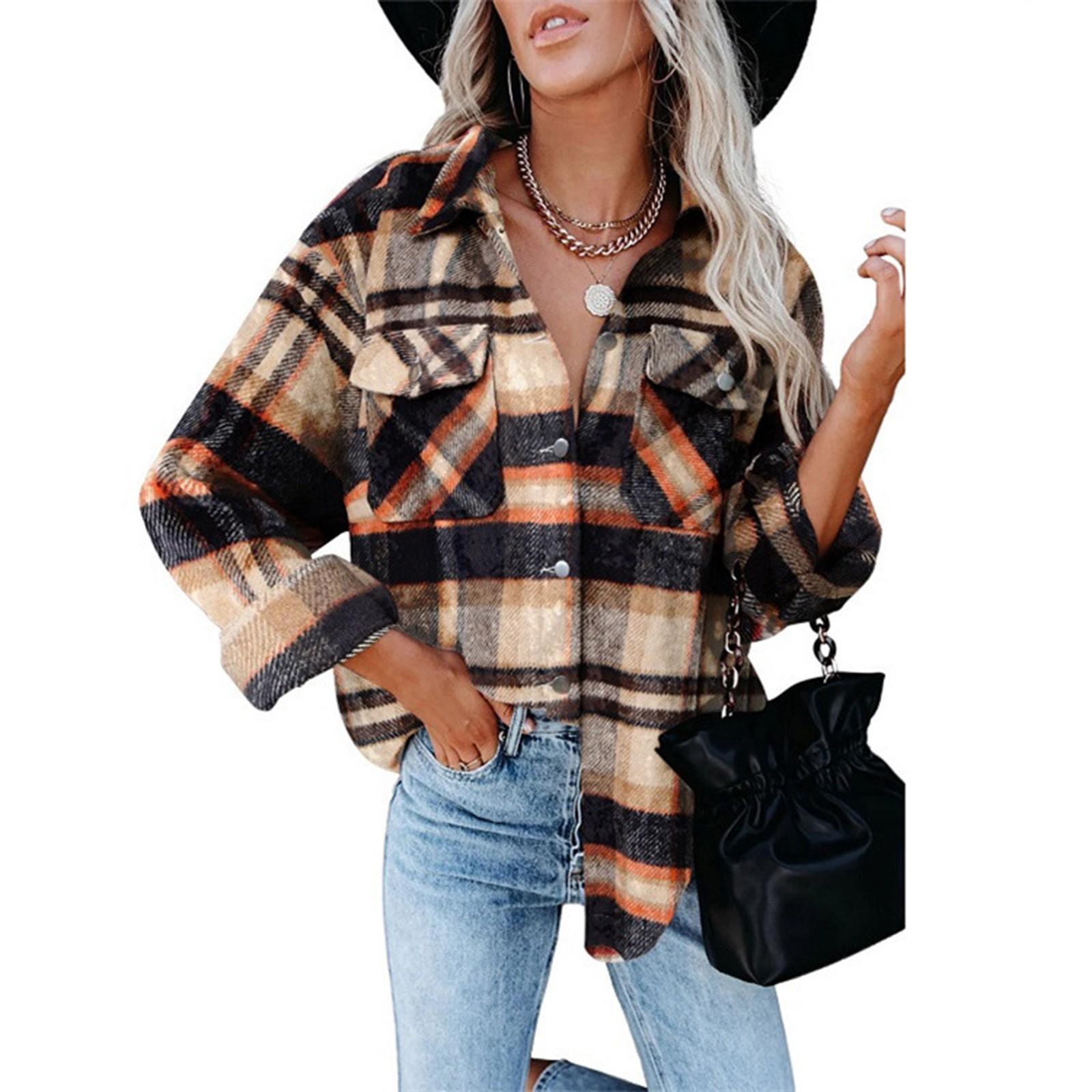 

Женские клетчатые рубашки с начесом, фланелевая куртка с длинными рукавами и лацканами на пуговицах и карманами, фланелевая куртка, пальто XXL оранжевый