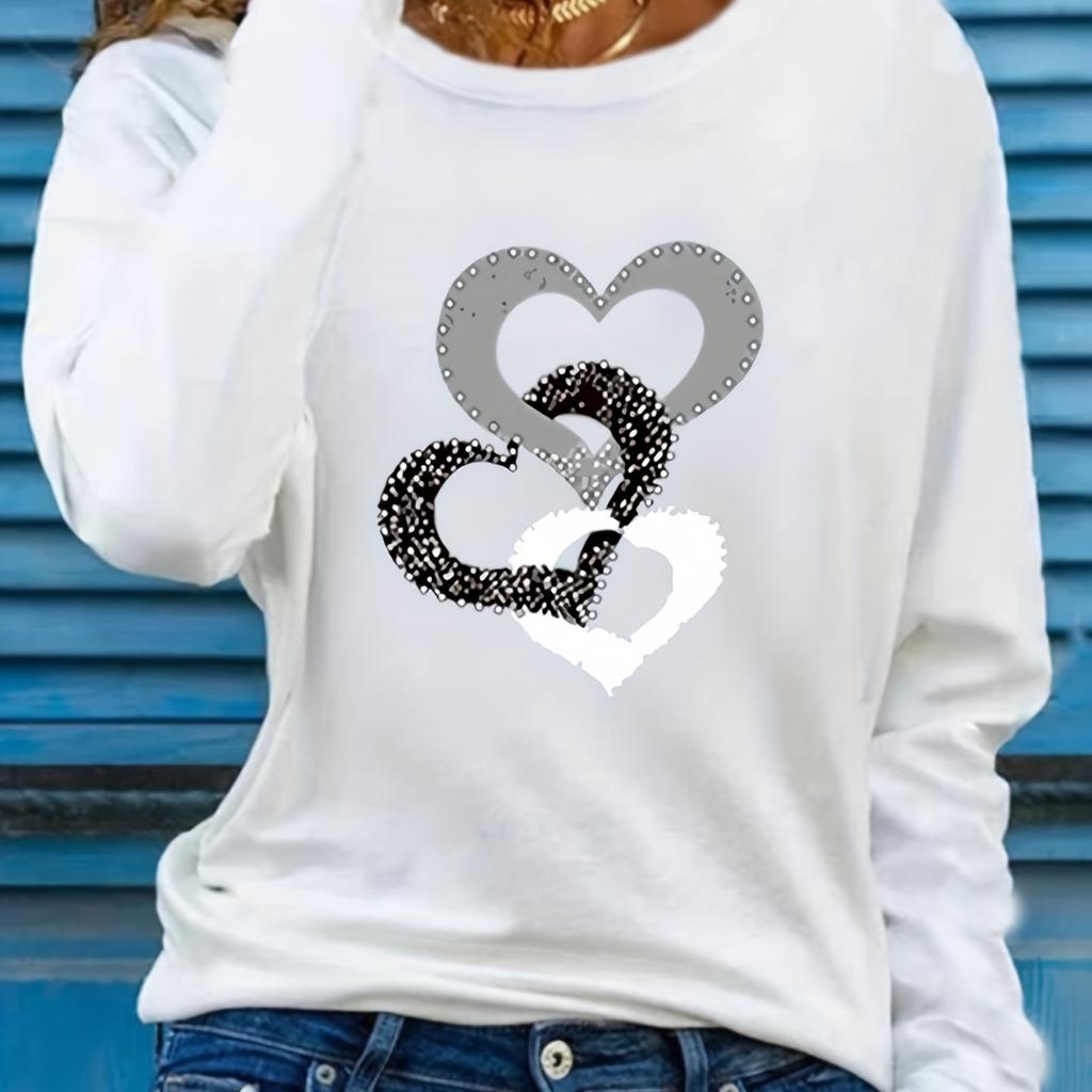 Spring and Autumn Women's Casual Long-sleeved T-shirts, Heart-shaped Round Neck T-shirts, Women's Clothing