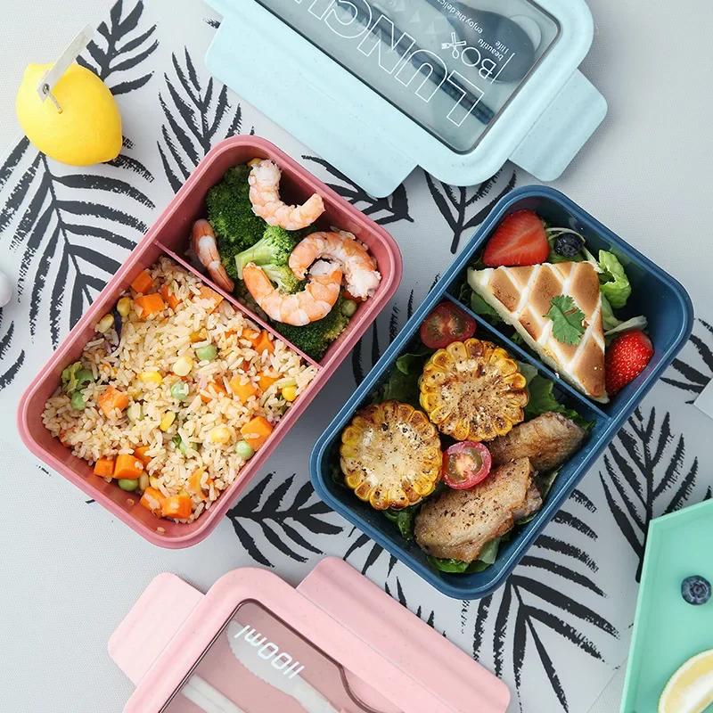 Portable 1100ML Plastic Food Storage Container, Bento Case, Leak - Proof, Microwave Heating, with Chopsticks and Spoons