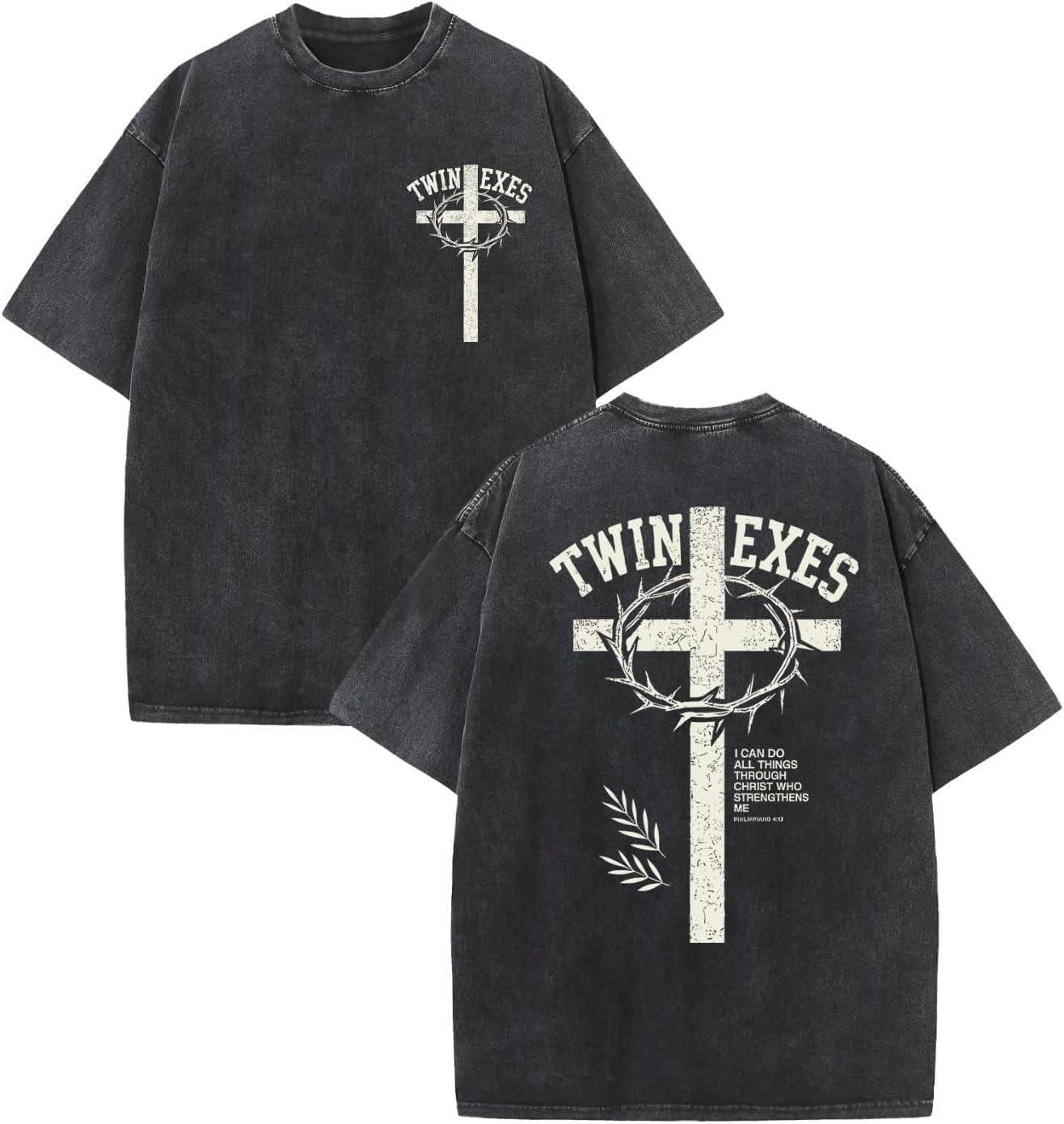 

DoubleSided Print Cross Graphic TShirt Vintage Washed Religious Tee Letter Print Crew Neck Streetwear Casual Short Sleeve Top S