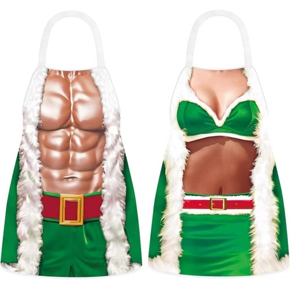 

2Pcs Muscle Men s and Women s Printed Christmas Decoration Apron Sexy Christmas Themed Couple Apron Couple Style Funny Print зелений