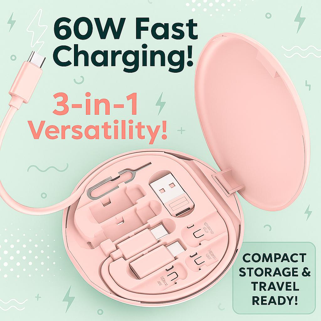 60W Fast Charging Cable 3-in-1 USB Data Cable with Storage Box Multi USB Charging Adapter Compatible with Type-C Lightning