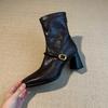 French square head high heel thin boots women's 2025 autumn and winter new retro thick heel elastic short boots black fashion boots