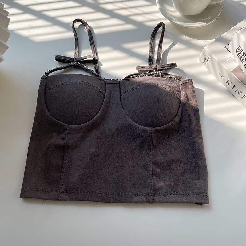 One-piece Cup Anti-slip Camisole Vest For Women Sweet And Hot Sexy Ruched Diamond Decorated Base Layer Inner Wear Bandeau Underwear