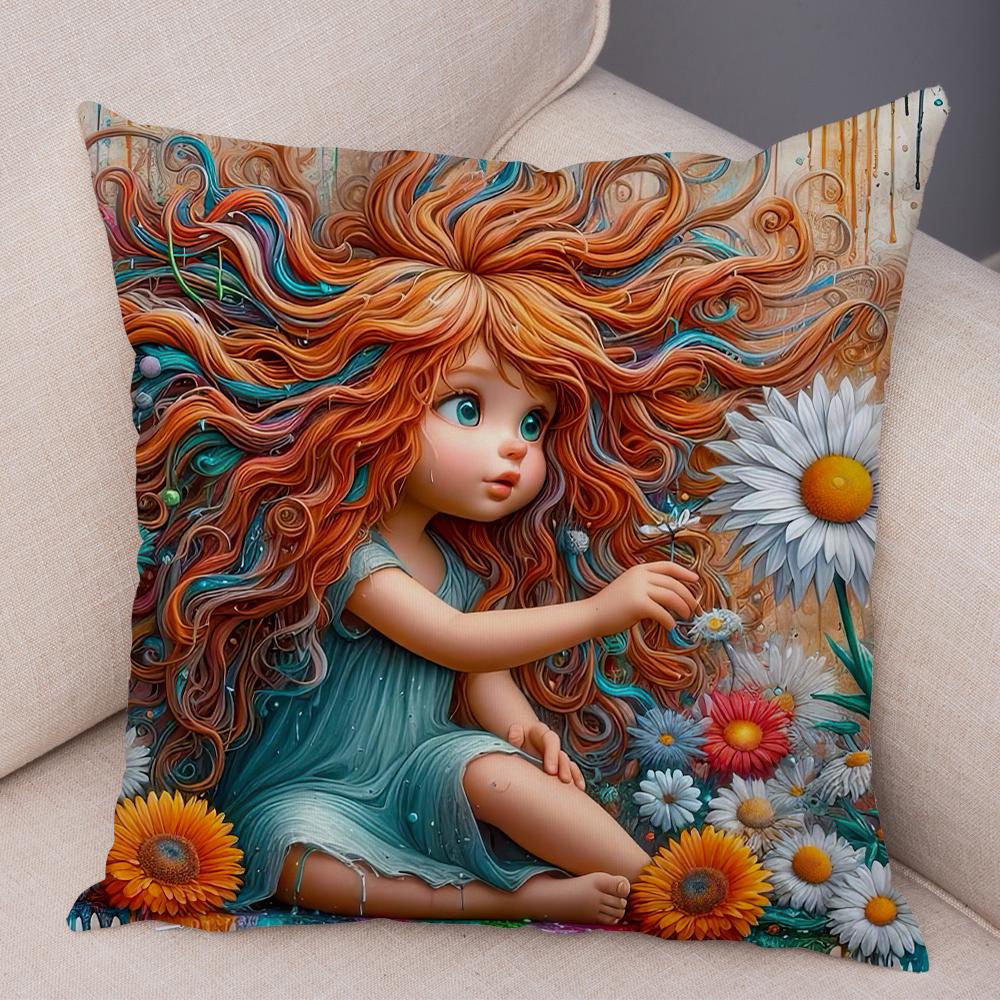 Double Print Cute Cartoon Explosive Hairstyle Cushion Cover Pillowcase Decor for Sofa Home  Super Soft Plush Pillow Case