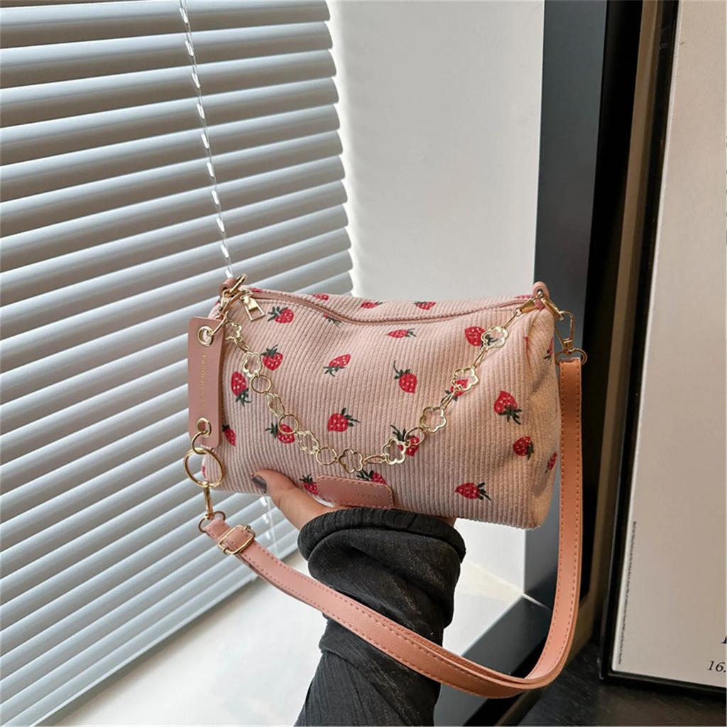 Strawberry Printed Mini Crossbody Bag for Women Fashion Corduroy Underarm Bag Student Travel Handbag