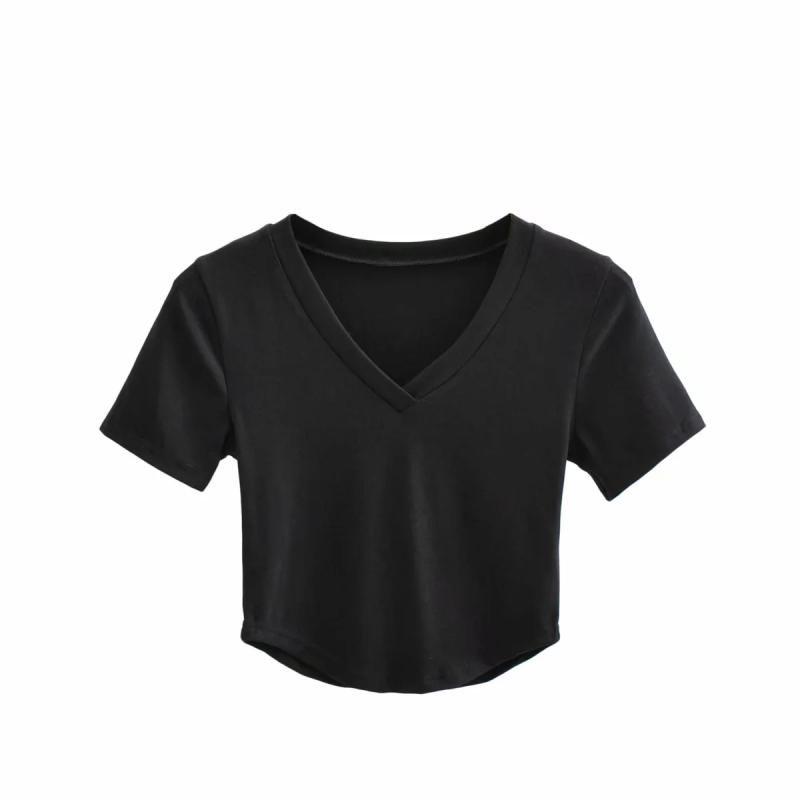 

Fashion New V-neck Short-Sleeved Women s T-shirt Side High Waist Midriff Outfit Short Bottoming Shirt Summer Online Celebrity Lady Midriff-Baring Top Black S