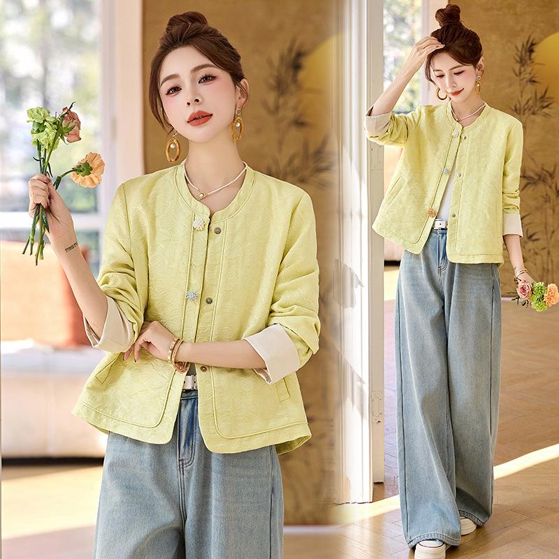 

Женская куртка с вышивкой на весну/осень 2025 года, круглый вырез, в китайском национальном стиле, однобортная RS2808 XL (65-70 kg) лимонно-желтый