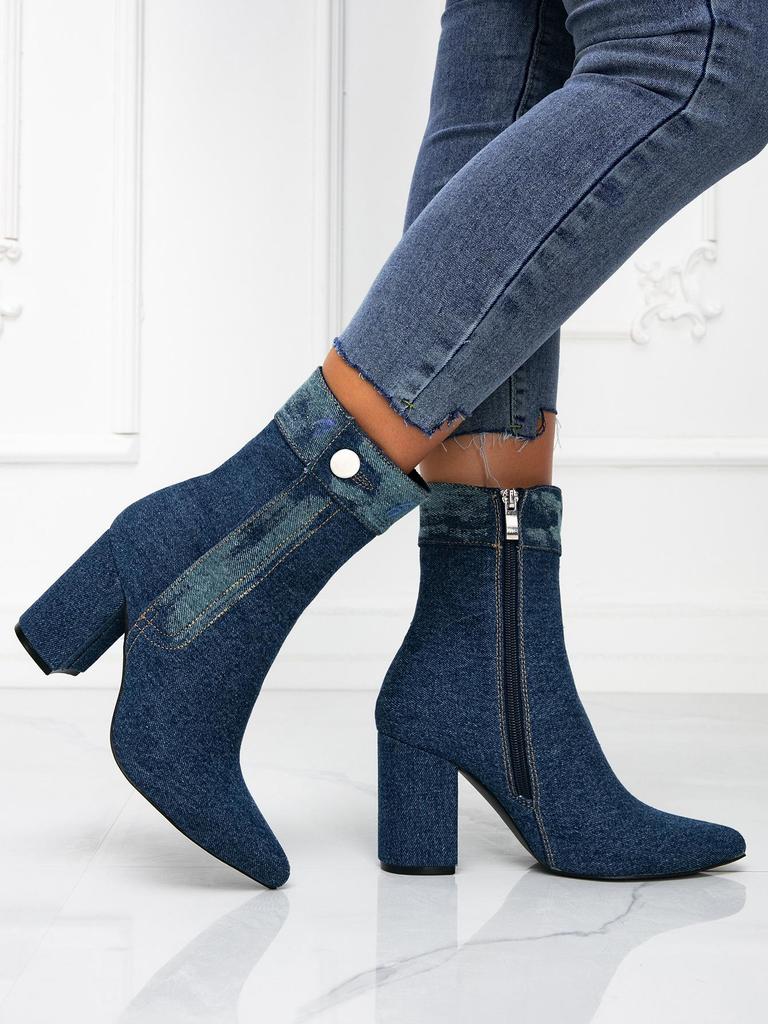 Denim Pointed Toe Chunky Heel Ankle Boots with Slimming Side Zipper - European Style Women's Versatile Fashion.