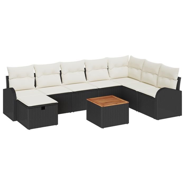 Ensemble de Canapé de Jardin 9 Pièces avec Coussins Poly Rattan Noir, Canapé de Jardin 2 Places avec Rangement et Coussins 3360855