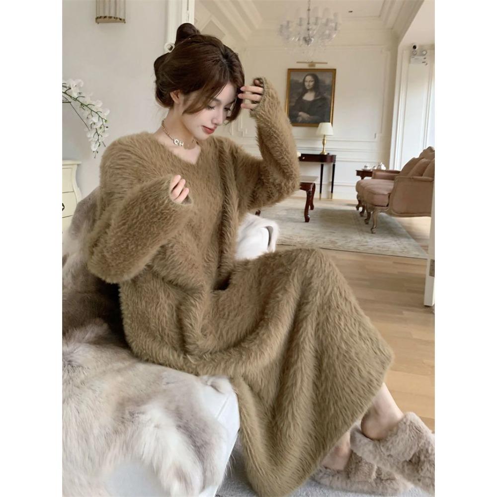 Autumn and Winter New Imitation Mink Velvet Loose Over The Knee Long Hair Skirt Women's Large Size Pajamas Dress