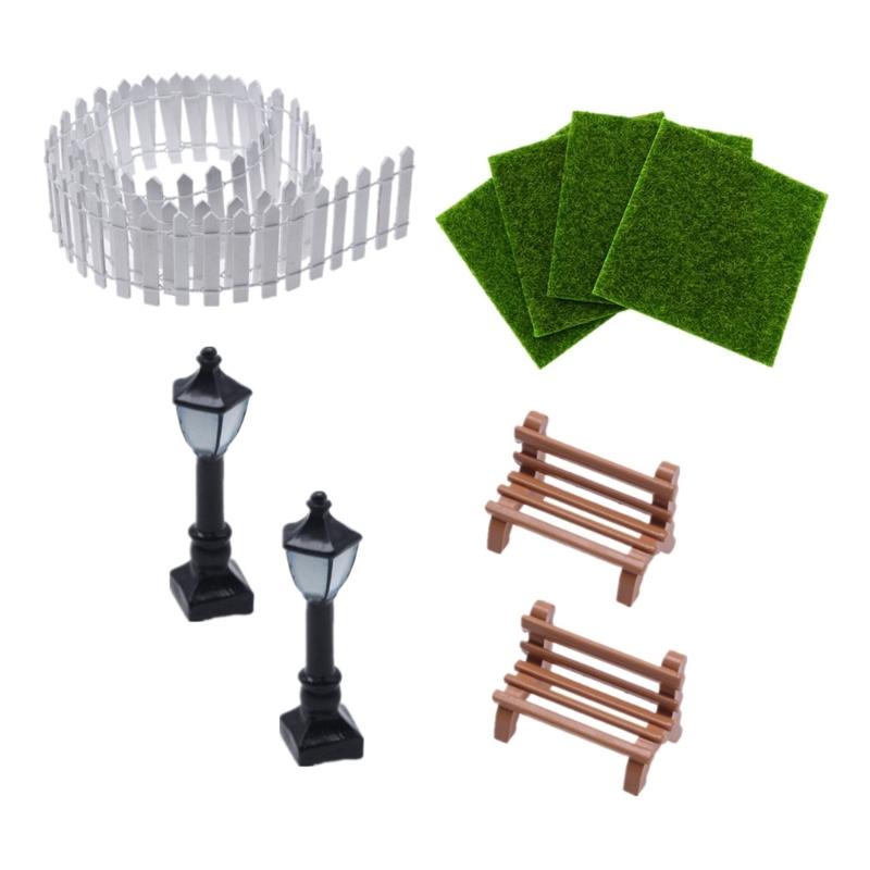 Artificial Grass Miniature Garden Decorations Dollhouse Garden Furniture Park Bench Street Lantern Landscape Ornament