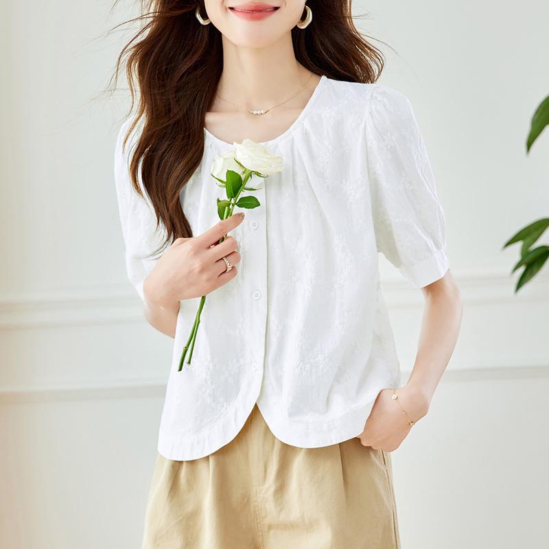 

Sweet Simple Round Neck Short-sleeved Shirt for Women In Summer New Style Commuting Loose Top M
