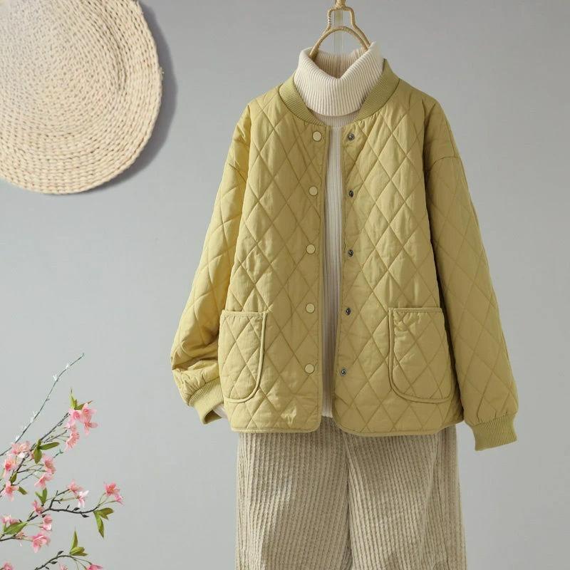 Quilted Jacket Women's Rhombic Winter Short Loose Fashion Solid Color Lightweight Cotton Coat
