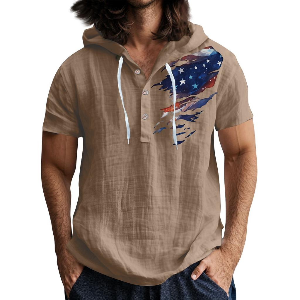 Lässiges T-Shirt mit kurzen Ärmeln und Kapuze für Herren mit Knopfleiste und offenem Hals