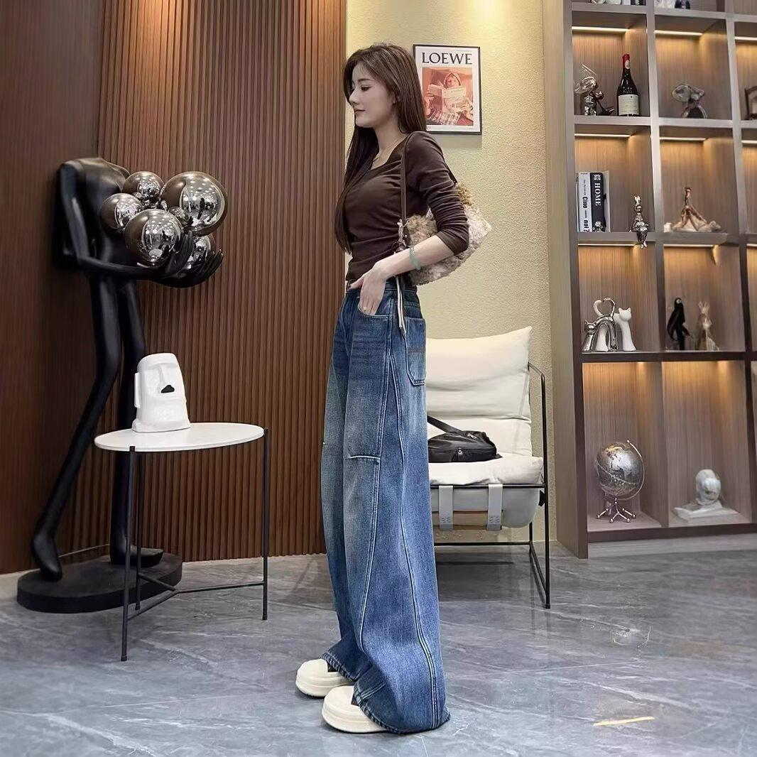 

High-Waisted Fleece-Lined Slim Straight Jeans for Women - Spring 2025 Collection, Loose Wide-Leg, Floor-Length Pants Small синий