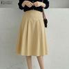 Women Casual Elastic Waist Solid Color Loose Midi Skirts