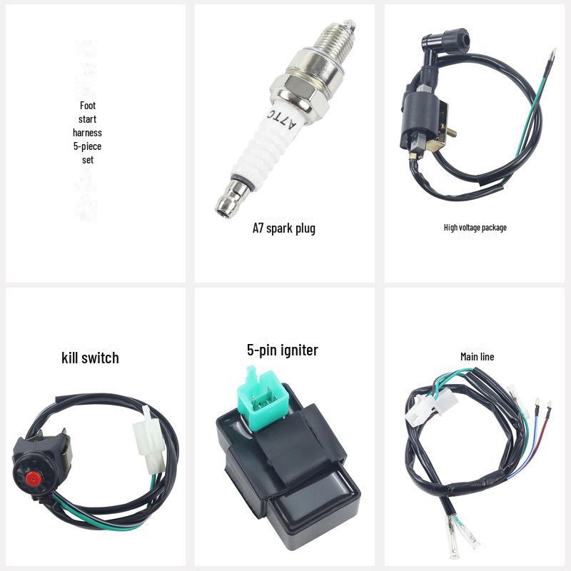 ATV Off-road Motorcycle 50-110CC Accessories: Foot Starter, Wiring Harness, Ignition Coil, High Voltage Electrical Components.