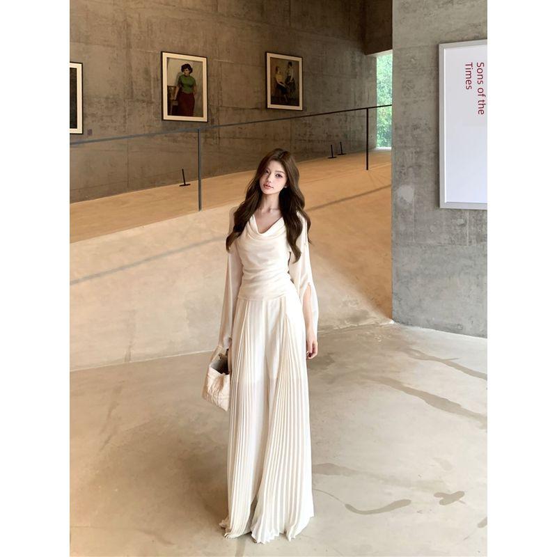 Kumikumi Fashion Suit Elegant Swing Collar Long Sleeves Shirt Women Fall High Waist Slim-Fit Wide-Leg Pants Two-piece Set