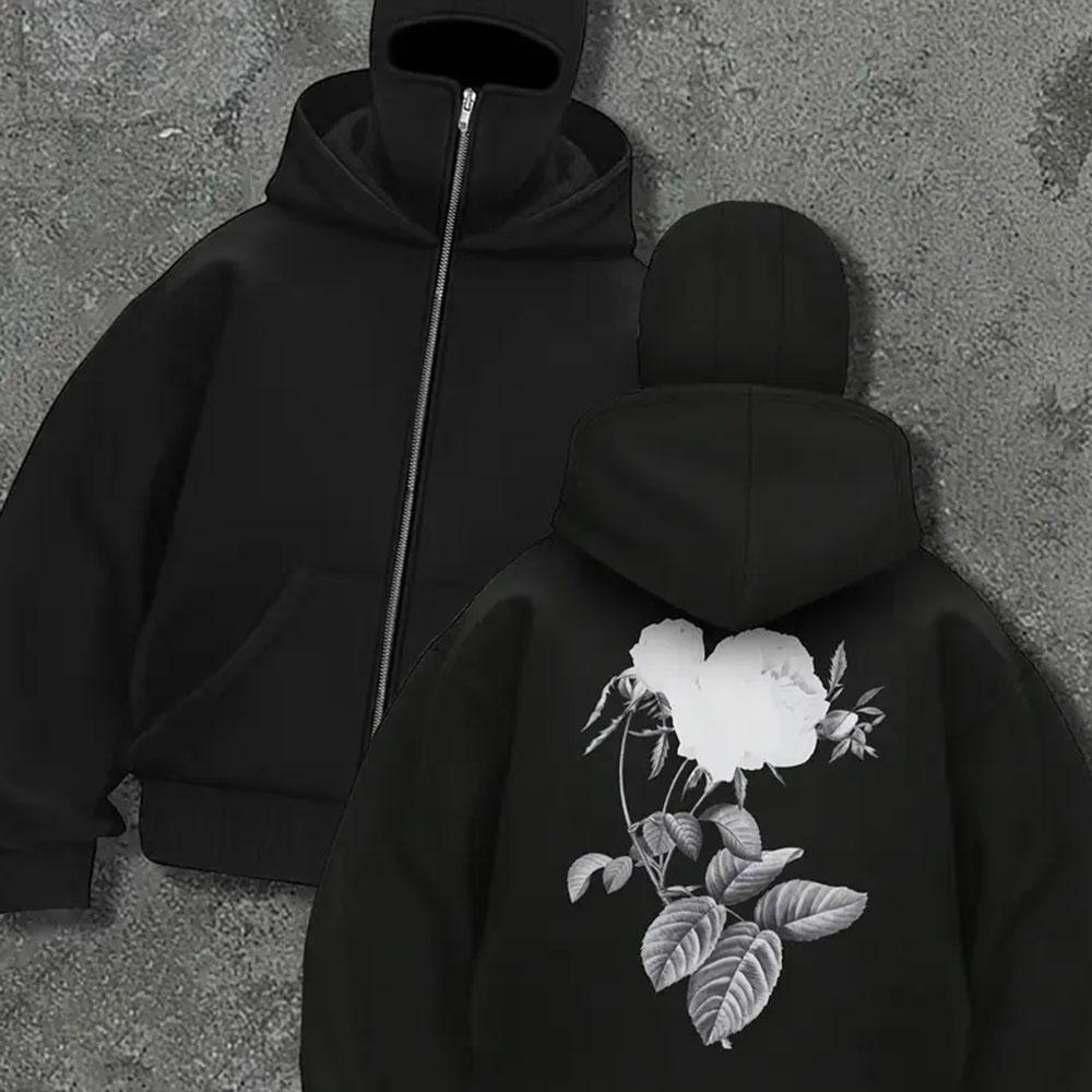 Men's Zipper Hoodie Personalized Pattern Printed Black Jacket, Sports and Leisure Loose Autumn/Winter Hoodie, Outdoor Jacket Retro Trendy Style