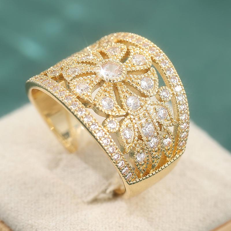Gorgeous Golden Color Wide Flower Hollow Out Band Rings Female Finger Rings For Party Luxury Synthetic Cubic Zirconia Jewelry