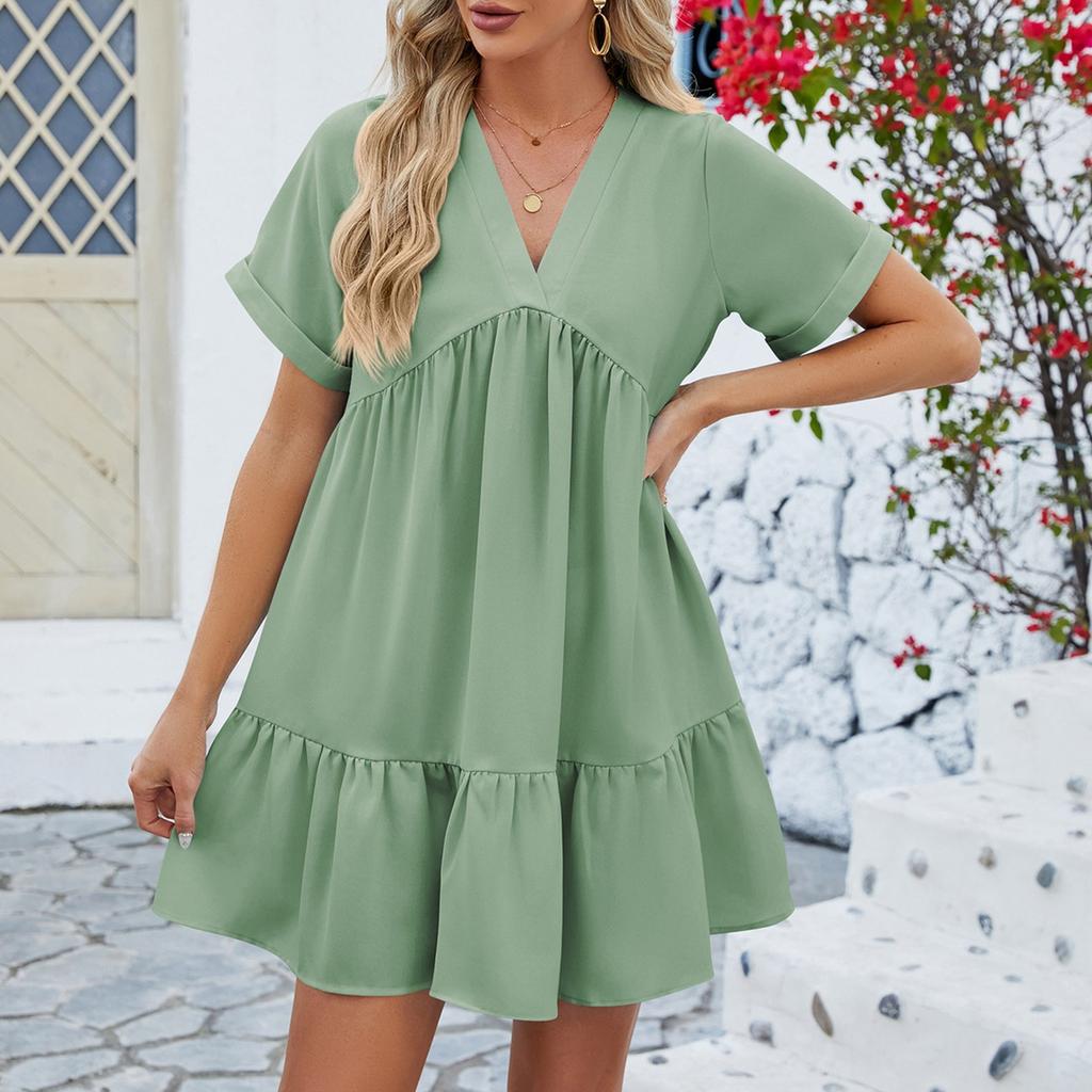 Rochie de damă la modă și versatilă, elegantă, cu decolteu în V, cu mâneci scurte, plisată, de culoare uni