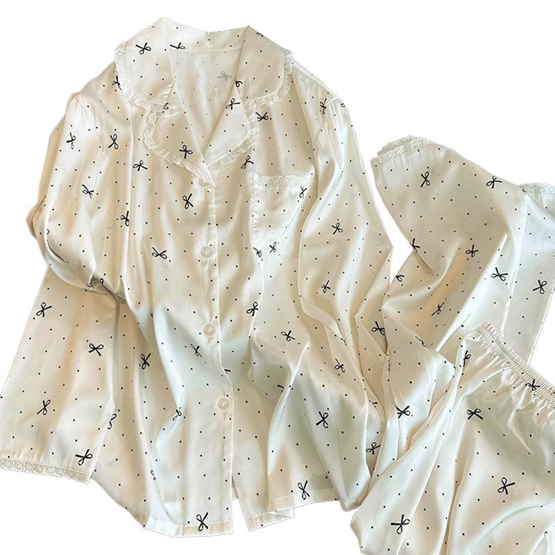 Sweet Lace Edge Ice Silk Polka Dot Pajamas Women'S Spring And Autumn Long Sleeves Explosive Bow Summer Loungewear Set