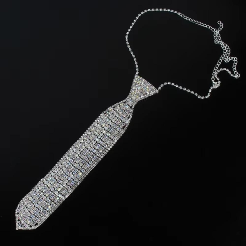 Retro Crystal Necktie Colorful Music Festival Necktie  Club Party Necklace Costume Neckwear
