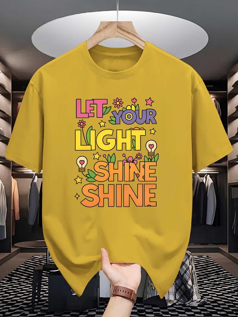 Unisex Crew Neck Tee Colorful Positive Quote Letter Graphic Print Soft Cotton Loose Short Sleeve Summer Casual Male Streetwear Tops