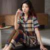 Pure cotton pajamas women's summer cover, thin can be worn outside, short-sleeved plaid large-size cotton loungewear set