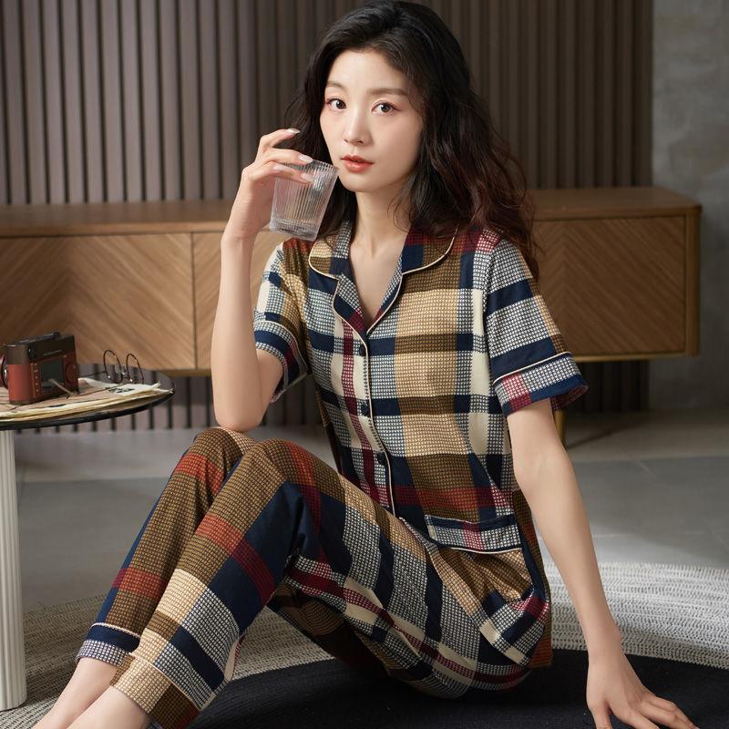 Pure cotton pajamas women's summer cover, thin can be worn outside, short-sleeved plaid large-size cotton loungewear set