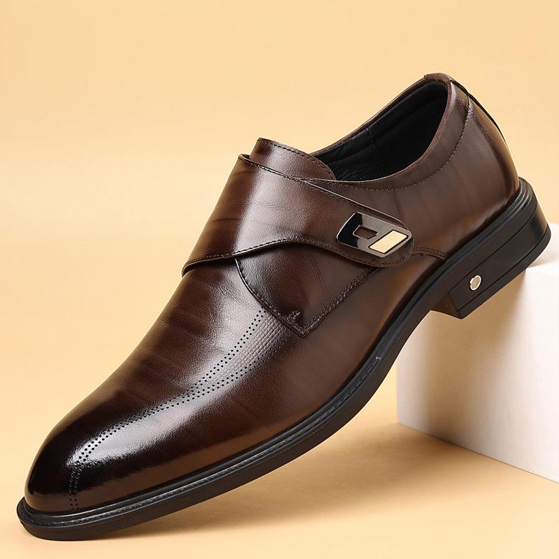 Men's Genuine Leather Dress Shoes First Layer Cowhide Pointed Toe One-Step Slip-On Velcro Closure Trendy Casual Loafers