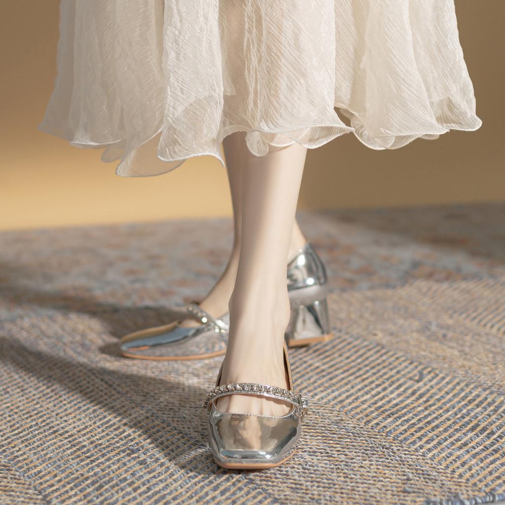 Silver Mary Jane Women's Single Shoes, High Temperament, Spring and Summer New Middle Heel Square Head Princess Light Mouth Shoes Children