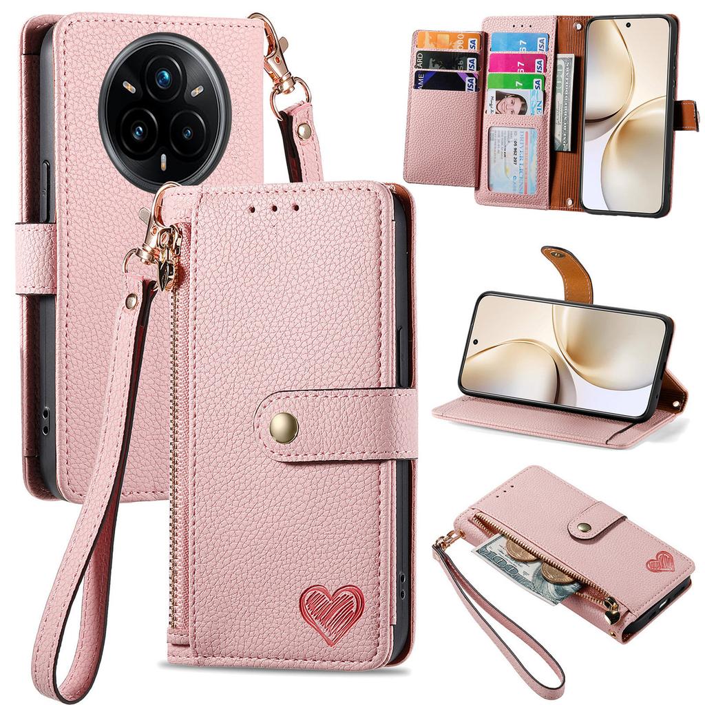 For Realme 14 Pro+ 5G Case RFID Blocking Zipper Pocket Leather Wallet Phone Cover with Strap