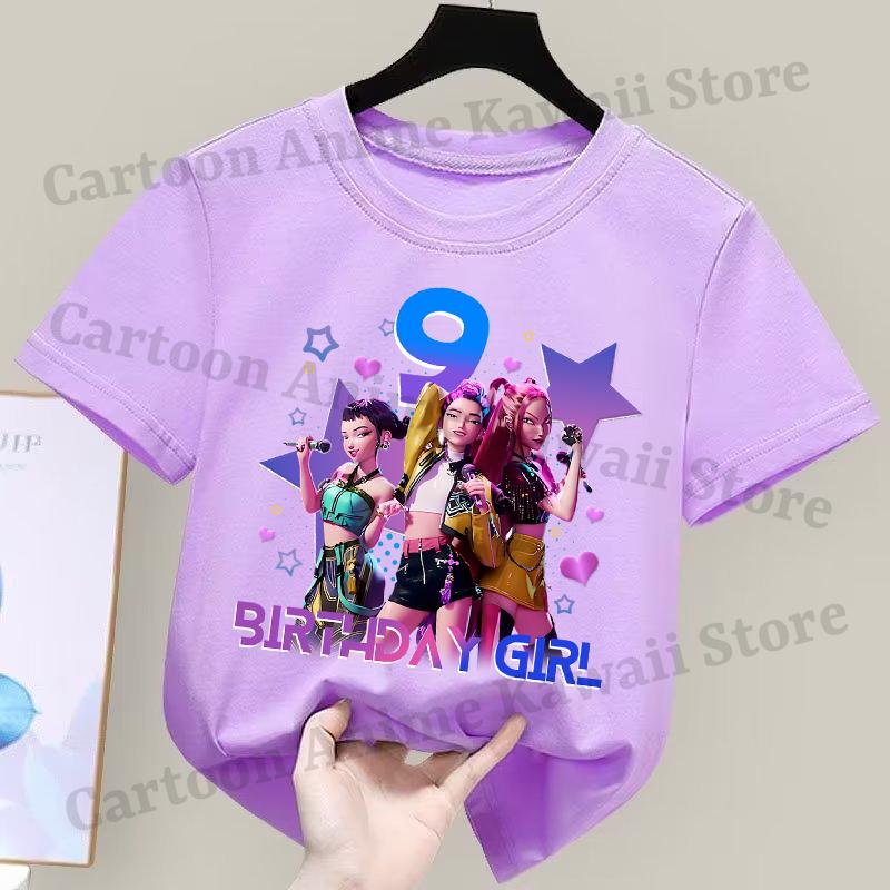 Kpop Demon Hunters Purple T-shirts Girls Cartoon Number Printed Short-sleeved Top Children Summer Sweet T-shirt Birthday Gift