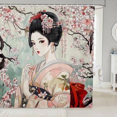 Kids Japanese Geisha Shower Curtain Boys Girls Cherry Blossoms Bathroom Shower Curtain Set Japanese Style Bath Curtain