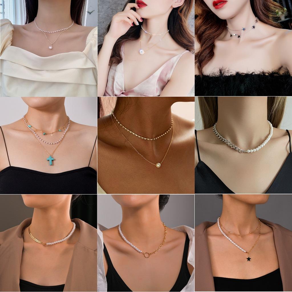 Europe, America, women's irregular multi-layer pearl necklace, creative punk new personalized chain necklace