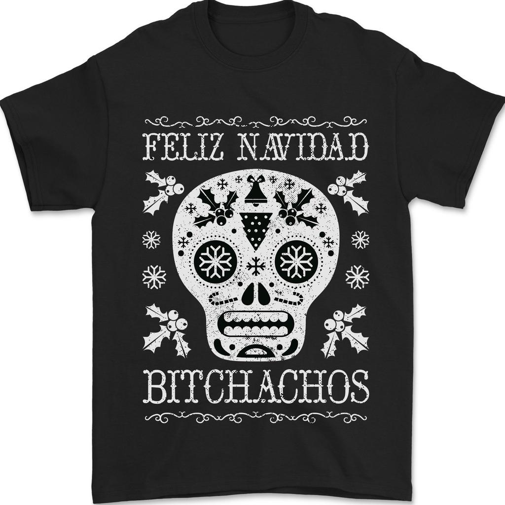 Feliz Navidad Sugar Skull Christmas Xmas Mens T-Shirt 100% Cotton