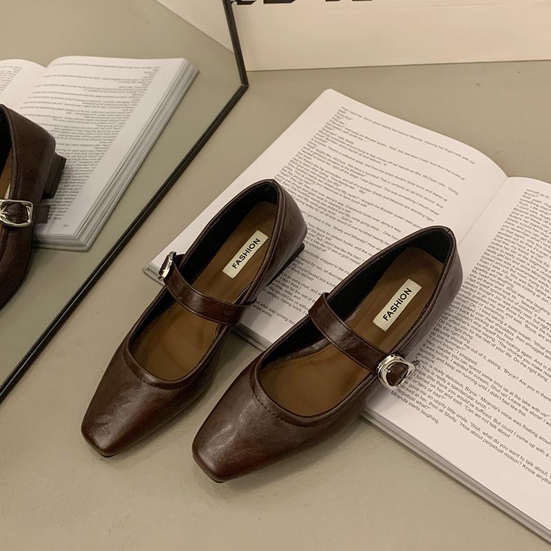 2025 Spring New Women Mary Jane Shoes Fashion Square Toe Shallow Ladies Middle Heeled Leather Shoes Elegant Women's Dress Shoes