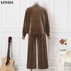 VONDA Autumn Spring Womens Velvet Two Piece Sets V Neck Long Sleeve Tops Wide Leg Pants Tracksuit Outfits