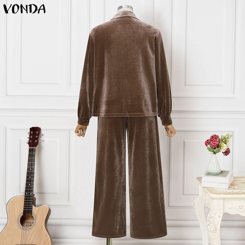 VONDA Autumn Spring Womens Velvet Two Piece Sets V Neck Long Sleeve Tops Wide Leg Pants Tracksuit Outfits
