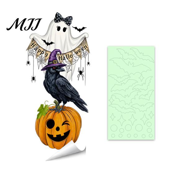 Waterproof Window Stickers Halloween Glow-in-the-Dark Cling, Spooky Ghost Skeleton Glass Sticker, Removable Decor Static Decal for Holiday Party