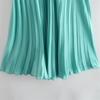 Women Fashion Solid Color Pleated Satin Midi Skirt Vintage High Waist Zipper Loose Female Skirts Streetwear
