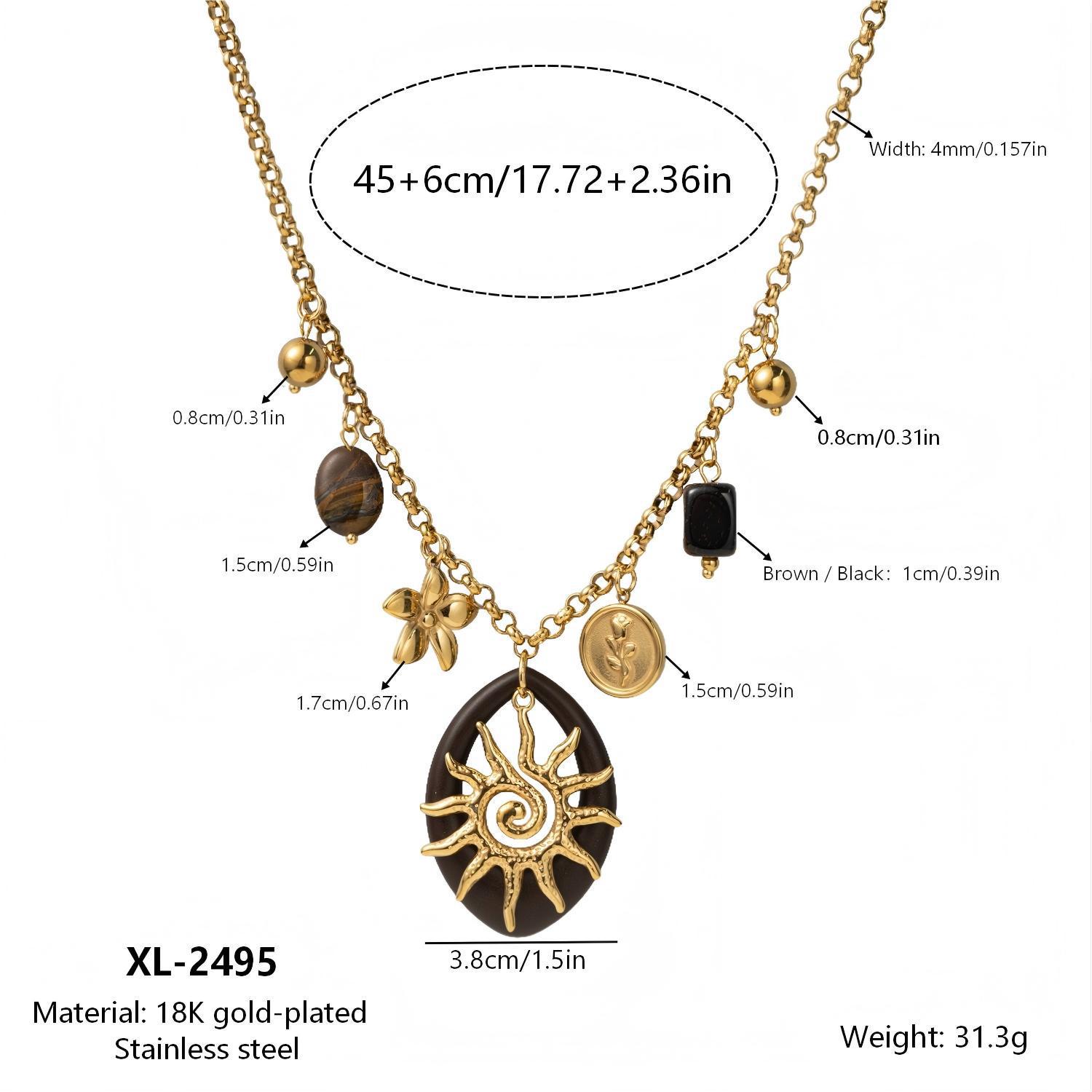 Retro Multi-Element 18K Gold Plated Stainless Steel Sun Pendant Necklace 18K