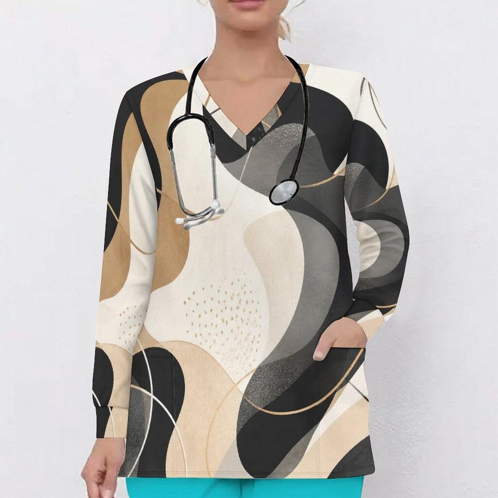 Women Plus Size Abstract Printed Nurse Scrub Top V Neck Long Sleeve With Front Pockets