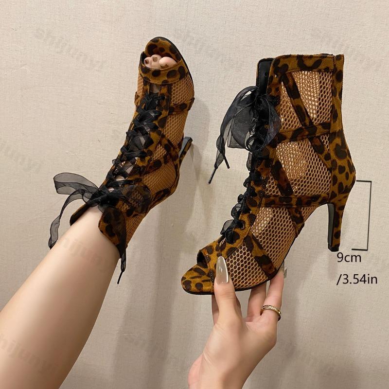Fashion Female Shoes Leopard Print 2025 Peep Toe Women's Sandals Mesh Ankle Boots High Heel Fishnet Boot Ladies Lace Latin Dance Shoes